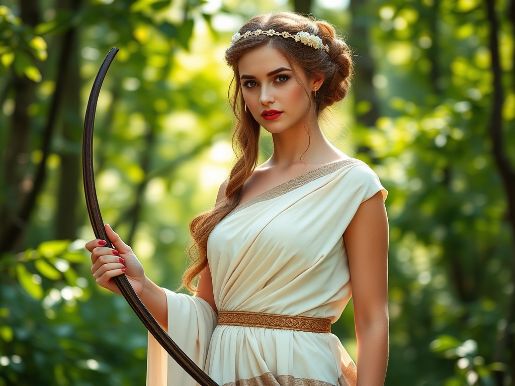 Create a portrait of a goddess-like Armenian girl figure in a tranquil, forested environment. She has an elegant appearance with long, wavy hair styled in an updo and adorned with a delicate, floral headband. She wears a flowing, ancient Greek-inspired gown in a soft, pale color, featuring a one-shoulder design and draped fabric that accentuates her graceful form. The outfit includes a decorative belt with ornate gold detailing, and she holds a bow in her hand, with a quiver of arrows slung over her shoulder. The background depicts lush greenery, with sunlight filtering through the trees, casting a gentle, ethereal light on the scene. Her expression is calm and contemplative, embodying a sense of wisdom and serenity.