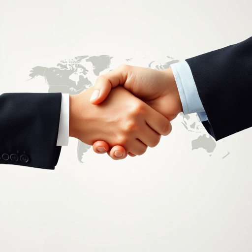 Create an image of two hands shaking, with a world map overlaying the handshake, using a DSLR camera with a focal length of 50mm, aperture set to f/2.8, ISO 100, with soft focus for a professional look and a bright, neutral background.