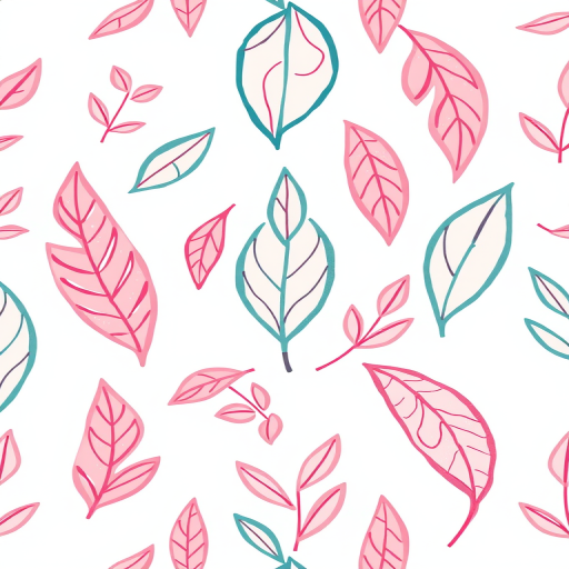 Create a seamless pattern of hand-drawn leaves in pink and teal on a white background, using a high-resolution digital camera, with a focal length of 50mm, aperture set to f/2.8, and a slight top-down angle for an artistic perspective.
