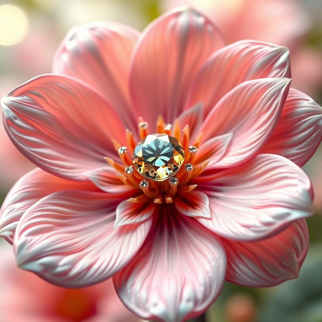Create a hyper-realistic 3D rendering of an exquisite flower with intricate petal designs, soft lighting and a focus on the central gem, using a DSLR camera at f/1.8, ISO 100, and 85mm lens, with a shallow depth of field and bokeh effect.