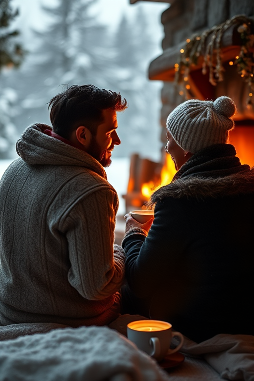 Warm, intimate image of a couple sitting by a fireplace on a snowy evening, soft glow from the flames illuminating their faces, the smell of burning wood and hot chocolate in the air, and the feeling of warmth and love.
