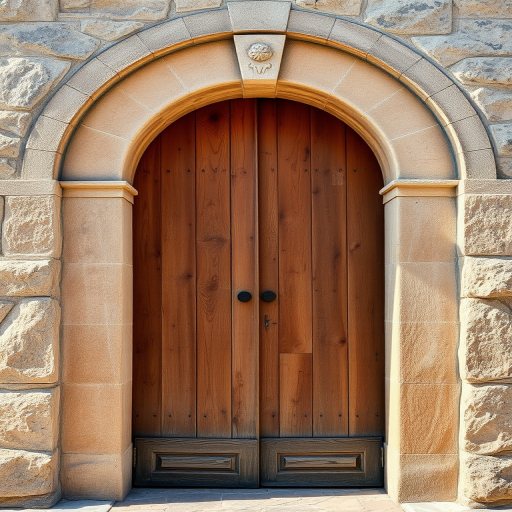A rustic wooden door with an arched stone frame, beautifully weathered, captured in natural daylight, using a DSLR camera at f/8 aperture, ISO 100, 1/200 second shutter speed, focused closely to emphasize texture and detail.