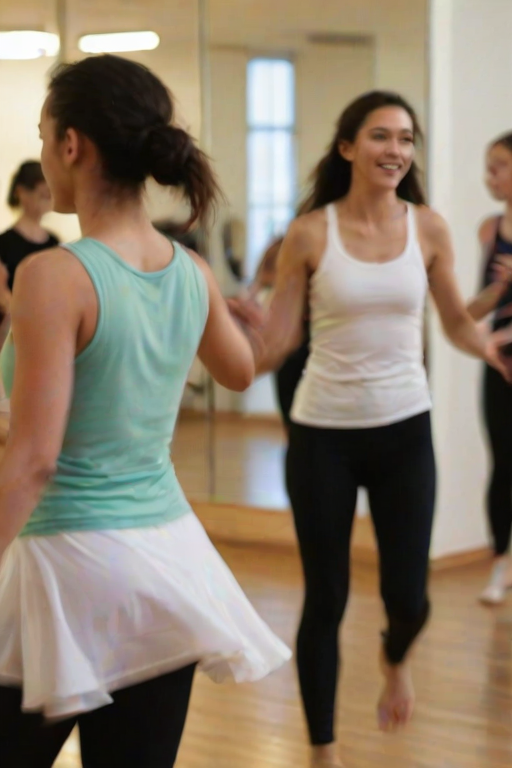 Blurry action shot of a woman participating in a dance class, gracefully moving to the music, with mirrors reflecting her movements and the energy of fellow dancers around her.