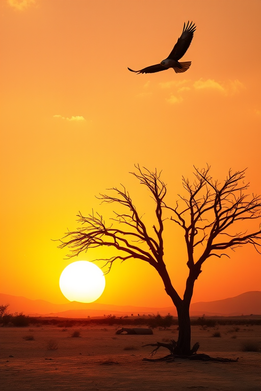 vivid sunset over a desert landscape with a large sun in the background, a solitary tree with sparse branches, an eagle soaring overhead, soft clouds in the sky, warm color palette, high-resolution image, taken with a DSLR camera, ISO 100, aperture f/8, shutter speed 1/250s, wide-angle lens, landscape orientation