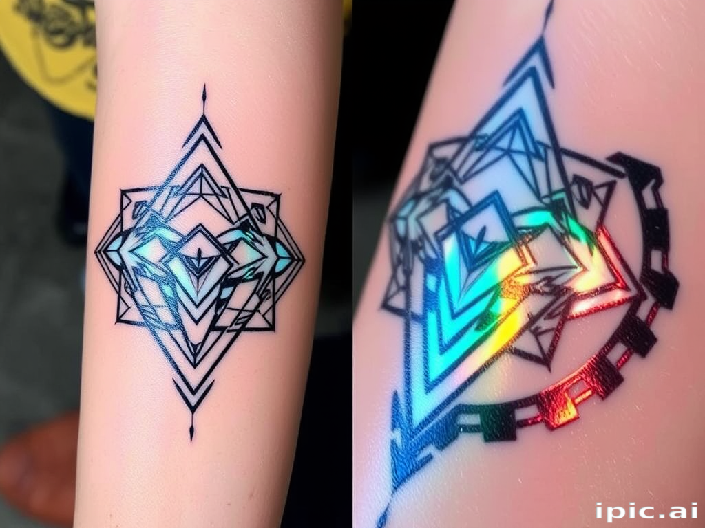 Holographic foil tattoo named "Prismatic Shift" designed to mimic the iridescent properties of holographic materials, featuring geometric shapes and abstract patterns that appear to change color and dimension as the viewing angle shifts