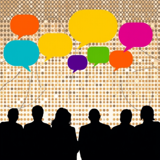 Create an abstract image of silhouettes of people sitting in a row against a pixelated background with speech bubbles in various colors, using a DSLR camera with a 50mm lens, aperture set to f/2.8, ISO 100, and a resolution of 300 DPI for enhanced clarity.