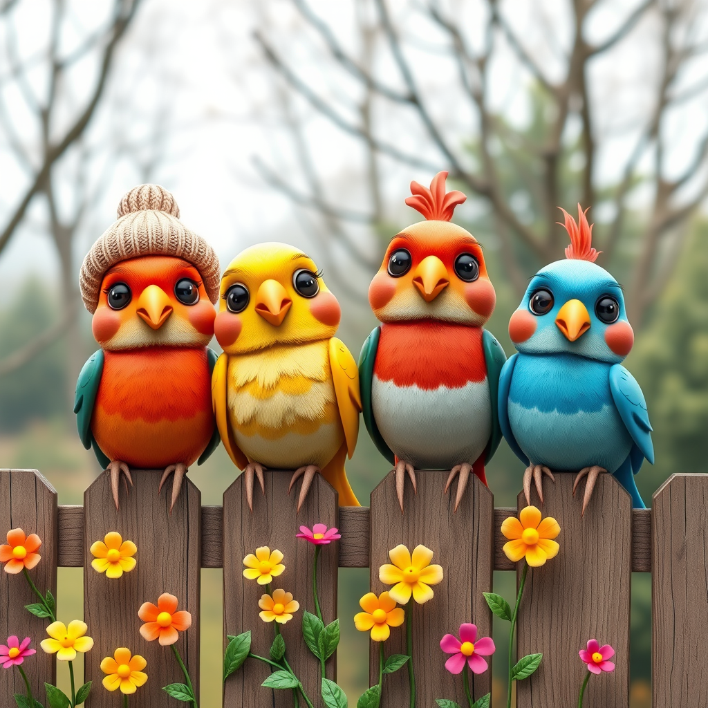 create a scene of 4 quirky  whimsical colourful comical birds each with a funny expression. they are sat on a wooden fence with colourful flowers. they are all different sizes. each one is a different colour  one is wearing a woolly hat. Each one has a different quirky google expression and there is a muted background of trees watercolour paintierly style high definition 8k resolution 3D paper mache