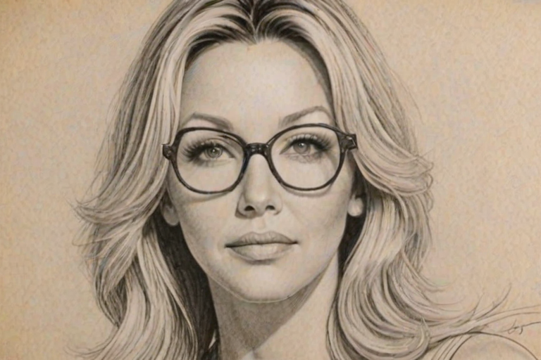 Exquisite Heather Locklear, pencil sketch, portrait of Magnificent woman 1944s in glasses, hair style beatnik, outline, clear lines, fine lines, 8k