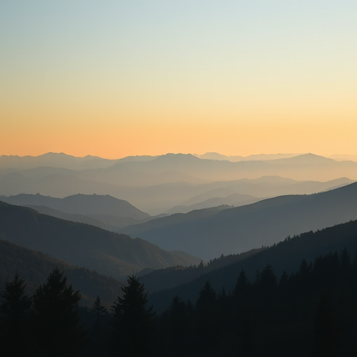 Regenerate a serene landscape image featuring layered mountains with varying shades of blue and green, in the foreground dense silhouettes of trees, using a DSLR camera with a focal length of 35mm, aperture set to f/8, ISO 200, shot in soft natural light during sunrise for enhanced color depth.