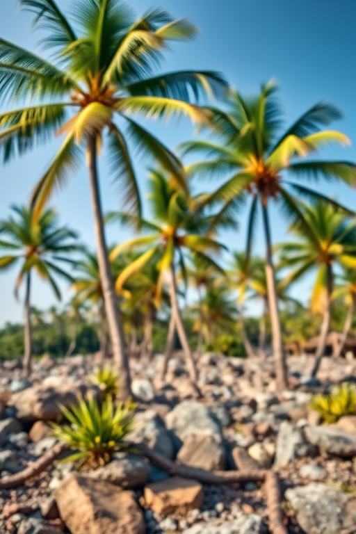 tropical palm trees on rocky terrain, high-resolution, shallow depth of field, aperture f/2.8, ISO 100, 35mm lens, soft natural lighting, DSLR camera type, vibrant color enhancement