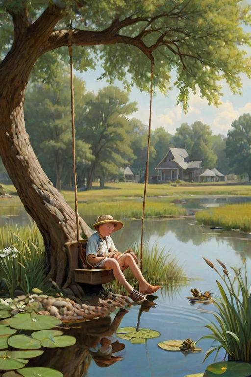 Imagine a small group of old fashioned young boys out fishing by the creek, a swing hanging from a tree branch, reeds and grasses by the water's edge, a frog sitting on a lily pad, dragonflies hovering over som water plans, a very iconic old fashioned scene reminiscent of a Norman Rockwell painting style