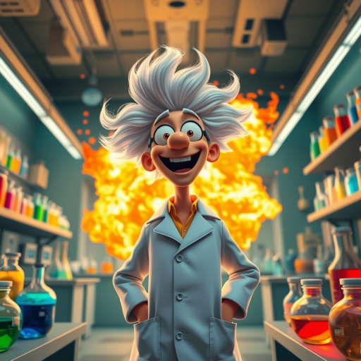 Create an animated image of a joyful scientist with wild white hair in a lab coat, standing in a laboratory filled with colorful potions, with a dramatic explosion of flames behind him, using a Canon EOS R5 at f/2.8, ISO 100, 24mm lens, shot from a low-angle perspective to emphasize the scientist's excitement and enhance image quality.
