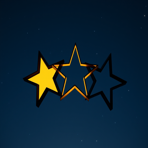 create a vivid image of three stars with one filled in yellow and the others outlined in black, shot with a DSLR camera using a 50mm lens, aperture f/2.8, ISO 100, in natural light for enhanced clarity