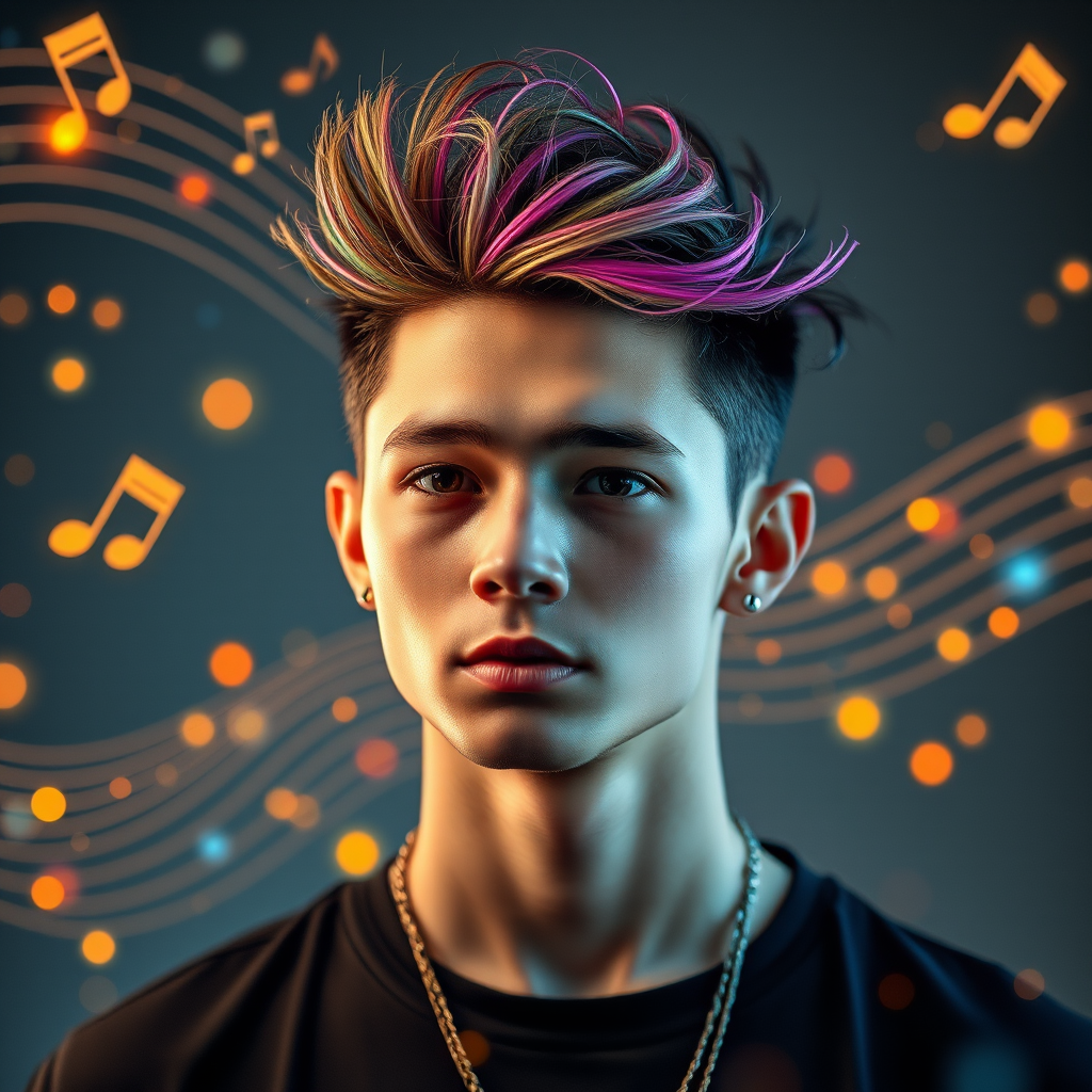 Create a portrait of a stylish young man with vibrant, spiky hair and colorful highlights, surrounded by swirling musical notes and shimmering light trails, captured with a Canon EOS R5, 50mm f/1.8 lens, at ISO 100, shutter speed 1/200s, in a soft focus, high dynamic range style.
