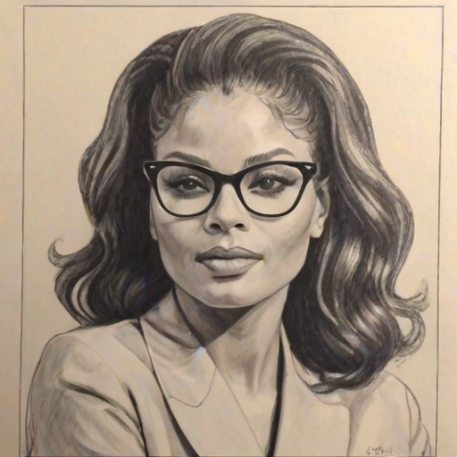 Ravishing Janet Jackson, pencil sketch, portrait of Enchanting woman 1957s in glasses, hair style beatnik, outline, clear lines, fine lines, 8k