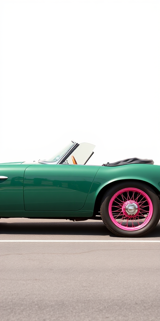 Create a high-resolution image of a classic green convertible car with pink wire wheels parked against a white background, shot with a DSLR camera, 50mm lens, aperture f/1.8, ISO 100, and natural light to enhance details and colors.