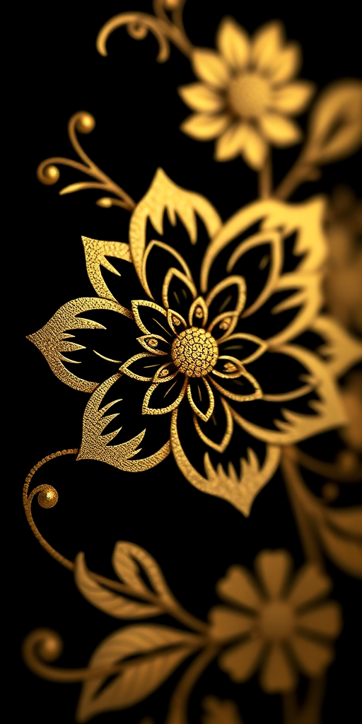 high-resolution floral design with gold accents on a black background, macro lens, aperture f/2.8, shutter speed 1/125, ISO 100, soft natural lighting, portrait orientation, DSLR camera, smooth bokeh effect
