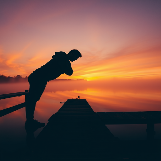 sunrise over a misty lake with a silhouette of a person leaning on a wooden dock, vibrant orange and purple sky, Canon EOS R5, 24mm f/1.4 lens, f/8, ISO 100, 1/60s, soft focus background, wide angle view
