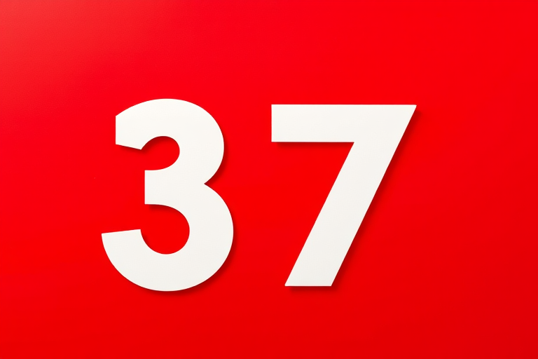 Create a high-resolution image of the number 37 in bold white text on a vibrant red background, using a DSLR camera with a focal length of 50mm, aperture set to f/2.8, and ISO 100 for optimal clarity and sharpness.