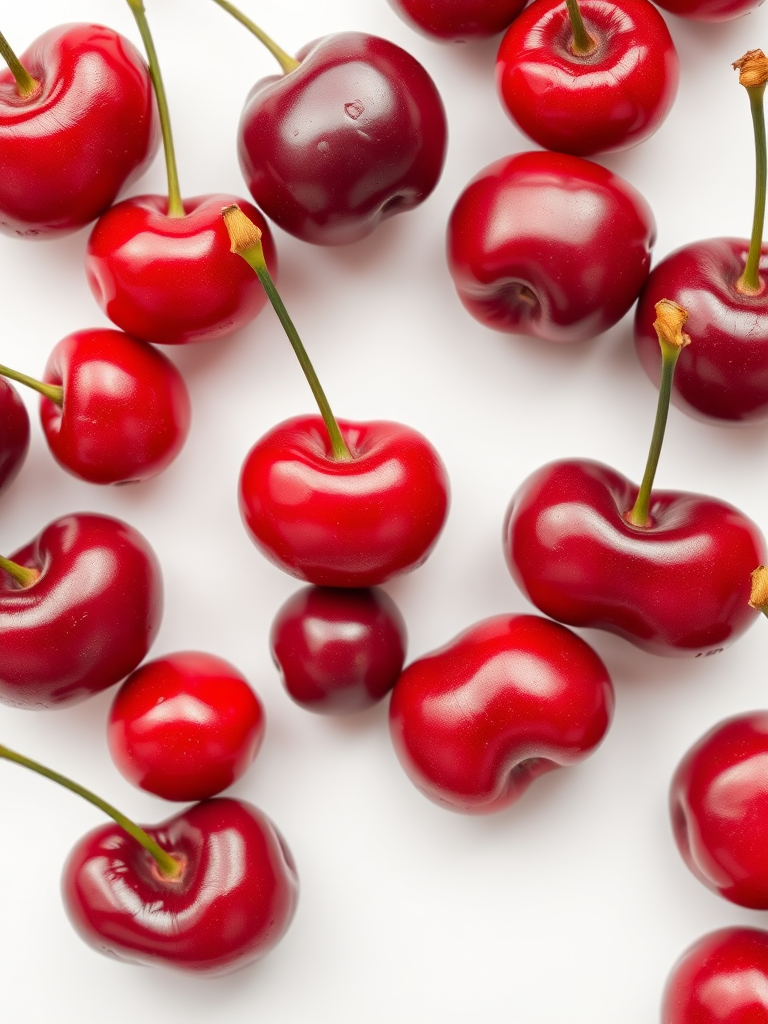 high-resolution image of shiny red cherries on a clean white background, macro lens, f/2.8 aperture, 50mm focal length, soft natural lighting, top-down view, DSLR camera