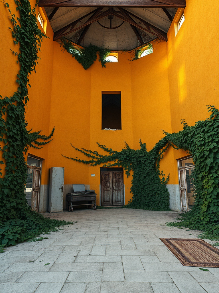 Create a highly detailed 3D render of an abandoned building with textured yellow walls covered in ivy, using a DSLR camera at f/8 aperture, 35mm lens, ISO 100, and natural light from a sunset, in a wide-angle view to capture the entire structure prominently.