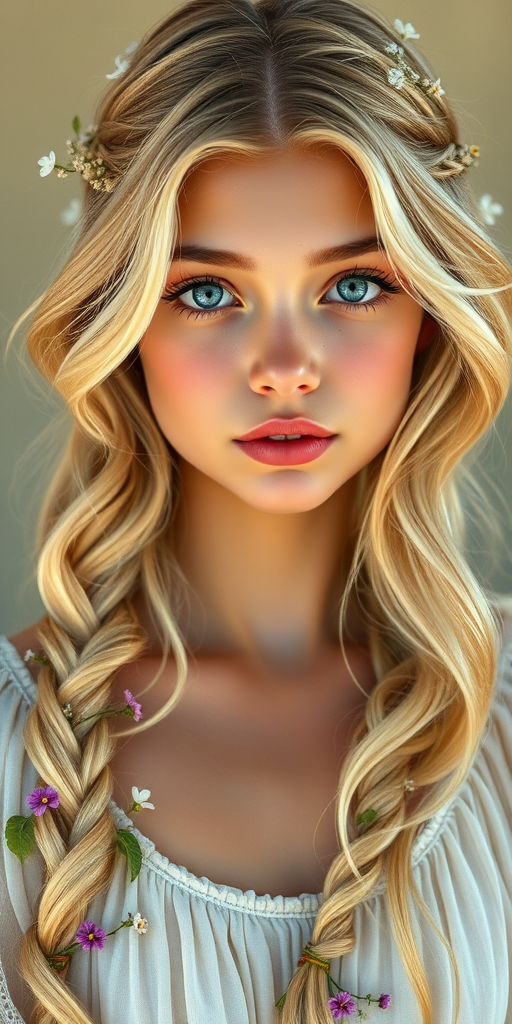 Create an image of a young Persian woman with long, wavy blonde hair, adorned with small, colorful flowers woven into her braids and loose strands. Her complexion is fair, with soft, glowing skin, and she has light blue eyes that gaze softly at the viewer. She wears a light, flowing dress with a gentle, ethereal quality, complementing her delicate and serene appearance. The background is slightly blurred, drawing focus to her tranquil expression and the intricate details of the flowers in her hair. The overall mood of the image is one of natural beauty and grace, evoking a sense of peacefulness and connection with nature.