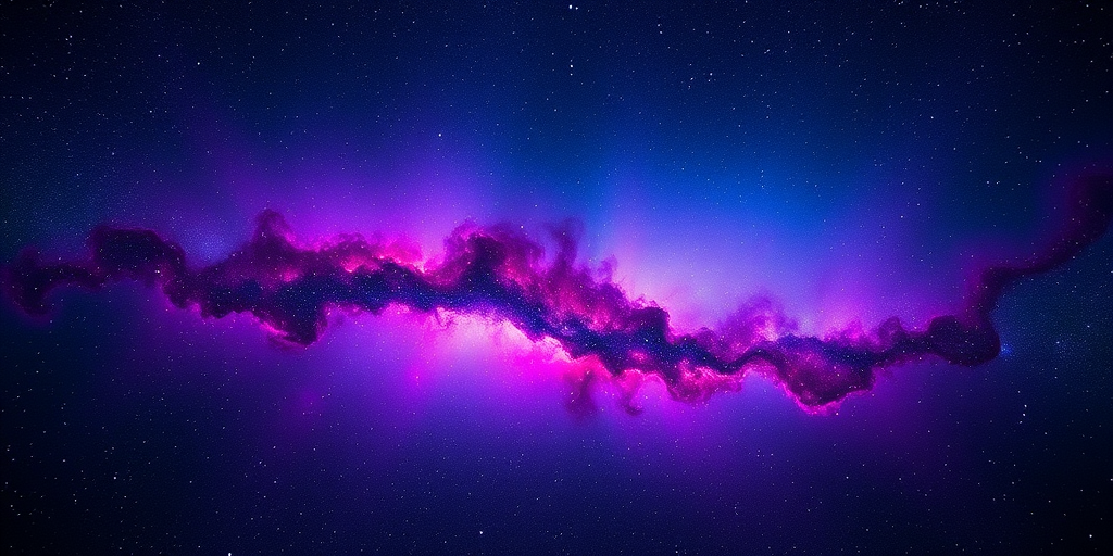 Create a vibrant cosmic nebula scene with purple and blue hues, featuring a dynamic star field, using a wide-angle lens, f/2.8 aperture, ISO 800, 20-second exposure, shot with a full-frame DSLR camera.