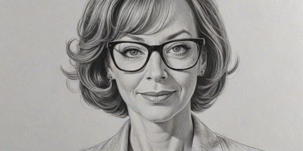 Radiant Allison Janney, pencil sketch, portrait of Stunning woman 1959s in glasses, hair style beatnik, outline, clear lines, fine lines, 8k
