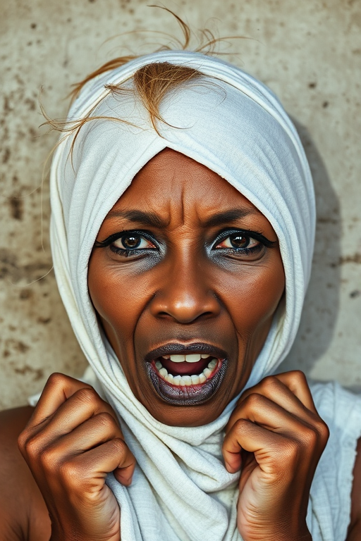 Create a close-up photographic image of a Zulu woman with light skin tones shown against an old, worn wall. Their head is wrapped in a white cloth covering (i.e.... parts of the head except the nose and mouth, which are open as if they are screaming...), with a slight texture and visible folds in the fabric. Thin strands of blonde hair escape from the wrapping above, falling lightly at the top and sides. Their hands hold the fabric as if they are tugging nervously. The lighting is dramatic and even, casting strong shadows. The image has a minimalist and surreal style with an emphasis on simplicity with soft color tones. The composition is centered.