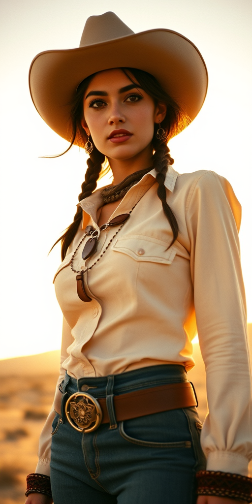 Dramatic photo of a beautiful Persian woman, classic cowboy attire, confident and free spirit expression, half-length portrait, centered, golden hour desert landscape, warm, diffused light, low angle, medium format film camera, in style of Annie Leibovitz.
