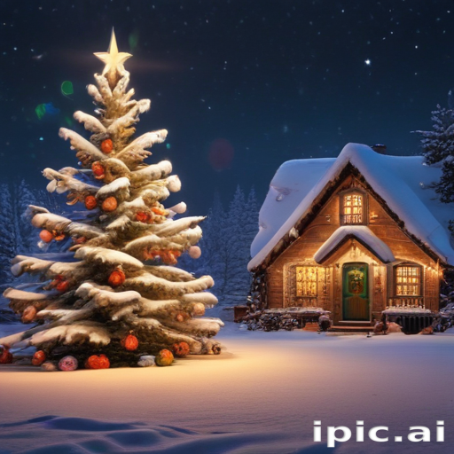 Cozy Winter Night Scene Featuring a Snow-Covered Christmas Tree and Cabin