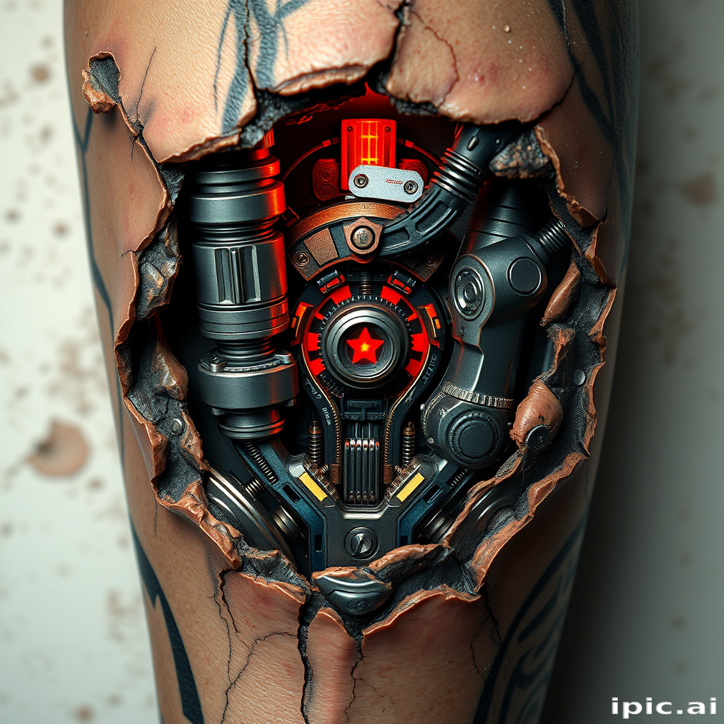 Realistic 3D biomechanical tattoo revealing cybernetic enhancements beneath torn skin, incorporating hyperrealistic textures and metallic sheen for a stunning trompe l'oeil effect