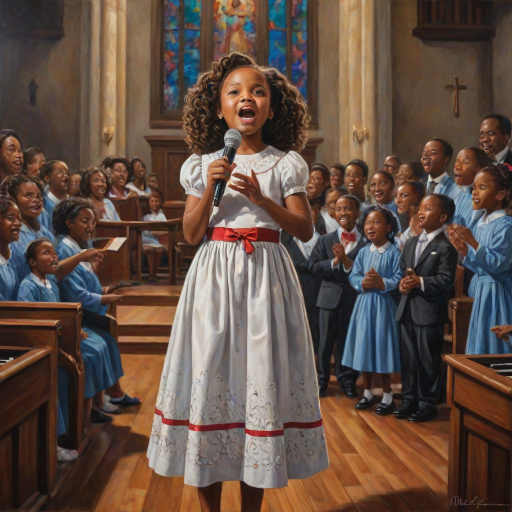 oil painting realistic a cute African American girl singing a gospel song, her hair is in ringlets with a ribbon, she is wearing a beautiful dress with matching shoes, she is standing on a stage in a church with a black choir, music notes. vibrant colors highly detailed