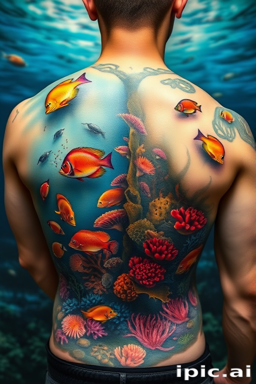 Stunning realism tattoo on the back, depicting a lifelike underwater scene with colorful coral reefs and tropical fish, employing hyper-realistic shading and color blending for an incredibly detailed result