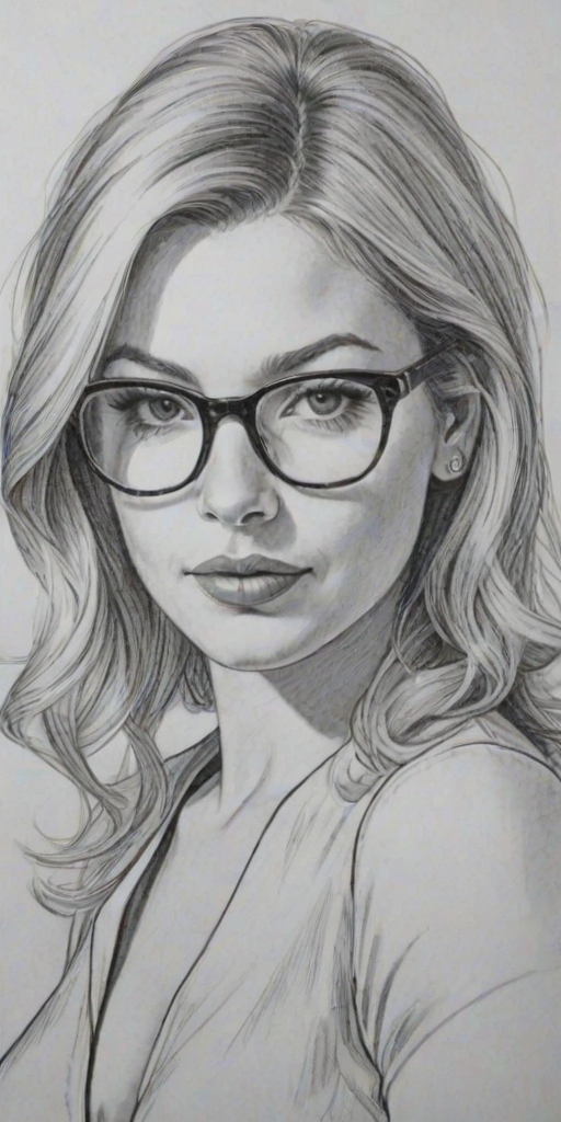 Attractive Ari Graynor, pencil sketch, portrait of Wonderful woman 1954s in glasses, hair style beatnik, outline, clear lines, fine lines, 8k