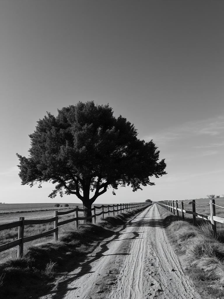 Black and white photograph of a solitary tree along a dirt path with a wooden fence, taken with a DSLR camera at f/11 aperture, 1/250 sec shutter speed, ISO 200, wide-angle lens, and a low-angle perspective to enhance depth and detail.
