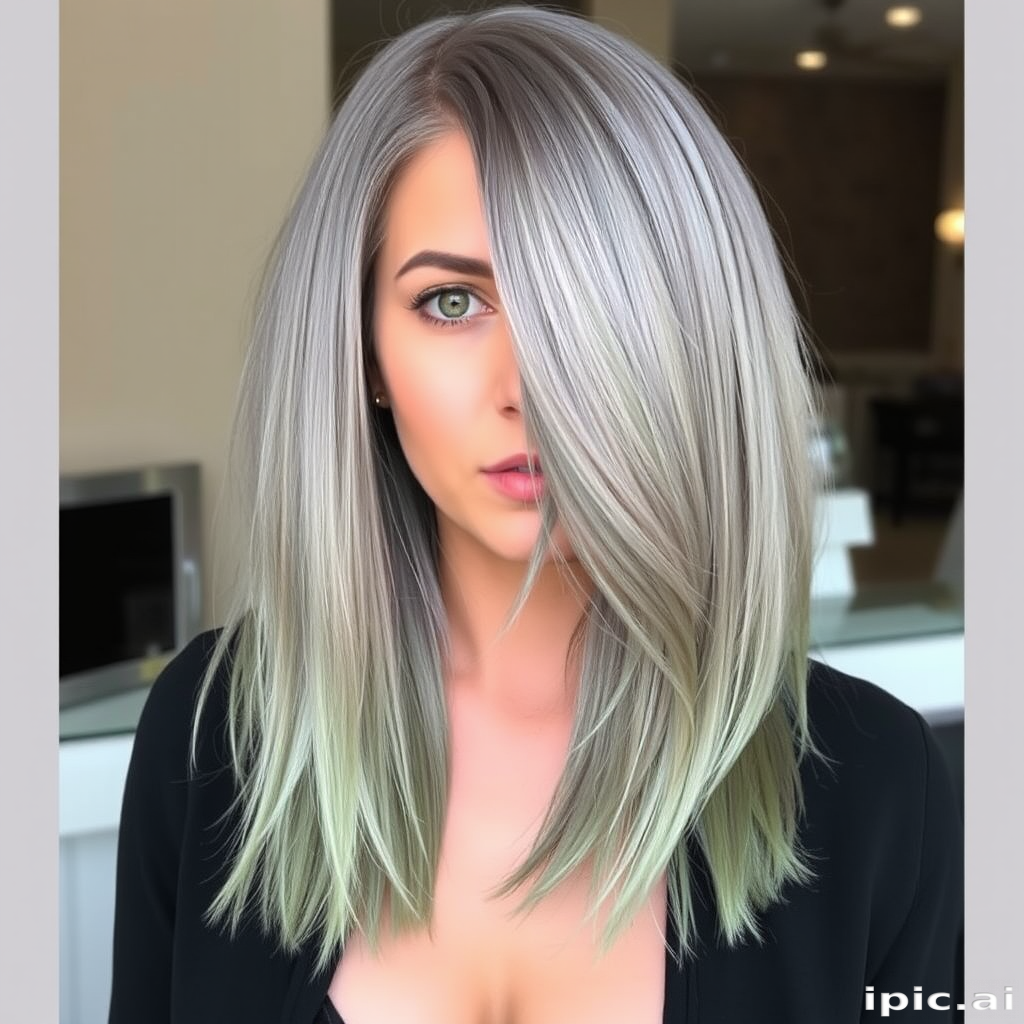 Ash gray long bob with subtle green undertones and styled in sleek, straight lines with a deep side part, exuding a sophisticated and mysterious aura named Misty Willow