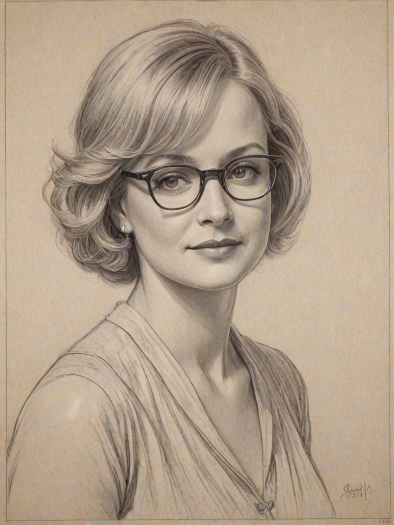 Graceful Bonnie Hunt, pencil sketch, portrait of Resplendent woman 1923s in glasses, hair style beatnik, outline, clear lines, fine lines, 8k