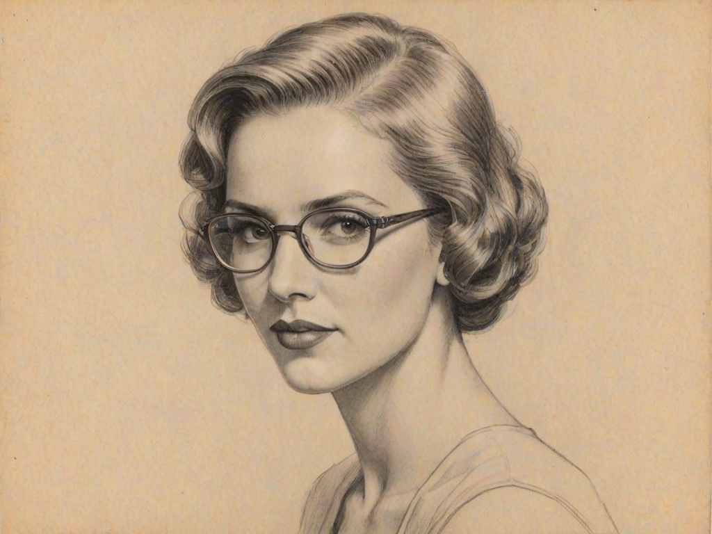 Pleasing Kerry Bish', pencil sketch, portrait of Exquisite woman 1931s in glasses, hair style beatnik, outline, clear lines, fine lines, 8k