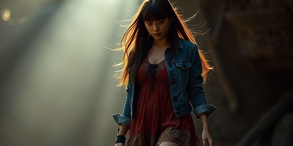 hair light,Canon EF,High quality lots of details Magic Realism,elusive Land of Shadows,long shot,dressed in a playful ruffled mini dress with a denim jacket and ankle boots,streaked hair,Long hair with bangs,a warrior woman