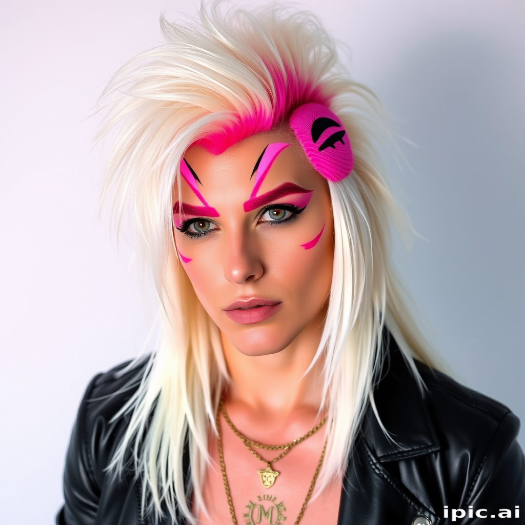 Edgy platinum blonde mullet with neon pink roots and shaved temple designs, styled for maximum volume known as "Retro Futurist" blending nostalgia with avant-garde flair