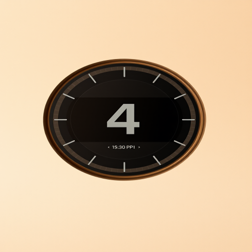Create an image of a vintage film countdown with a retro style, featuring a circular countdown display with the number 4 prominently in the center, set against a beige background, captured with a DSLR camera using a 50mm lens, aperture f/2.8, ISO 100, and soft natural lighting for a warm atmosphere.