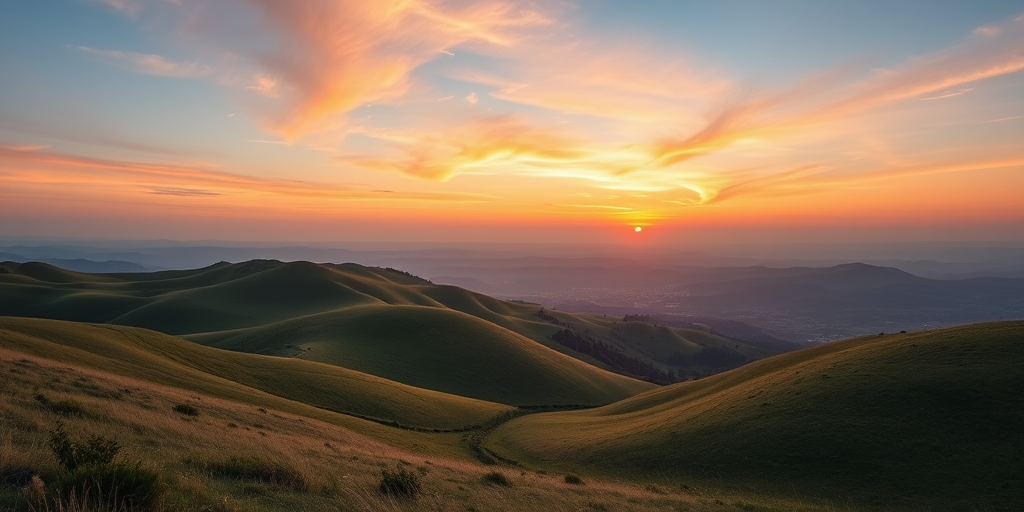 Create a high-resolution image of a serene landscape featuring rolling hills and a sunset sky, shot with a Canon EOS R5 at f/8, ISO 100, 24mm focal length, in a wide-angle view with natural lighting and vibrant colors.