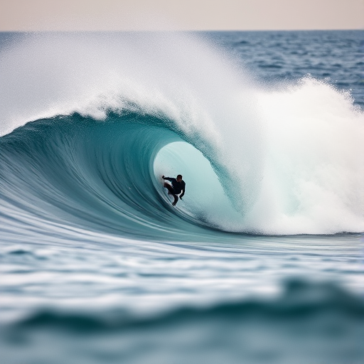 Blurry action shot of a surfer riding a massive wave, the ocean spray flying into the air, soft focus on the distant horizon, and the powerful energy of the sea.