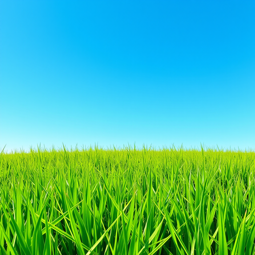Create a vibrant illustration of a lush green grass field under a clear blue sky, captured with a DSLR camera at f/8, 1/250 sec, ISO 100, using a wide-angle lens to showcase depth and clarity.