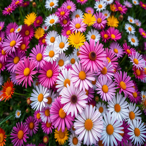 A vibrant field of assorted daisies in various colors, captured using a macro lens with a shallow depth of field, f/2.8 aperture, ISO 100, 1/200 sec shutter speed, in natural light, top-down view with a soft focus on the background for enhanced detail and color richness.