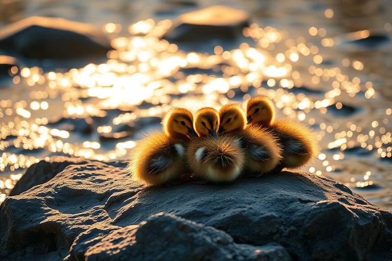 Capture a serene scene of baby ducks huddled together on a rock by a sparkling stream, using a DSLR camera with a 50mm lens, aperture set at f/2.8 for a shallow depth of field, ISO 200 for clear detail, and soft natural lighting during golden hour to enhance the warmth and richness of the colors.