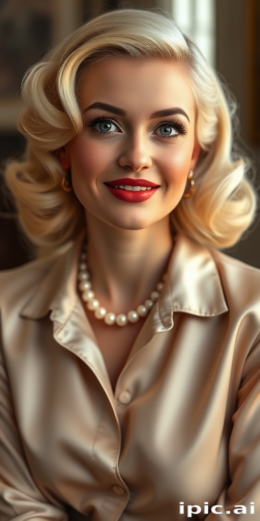 A beautiful woman reminiscent of 1950s Hollywood glamour, with perfectly styled blonde hair and a seductive smile, dressed in a satin blouse and adorned with pearls, soft and warm tones, photorealistic, 8K