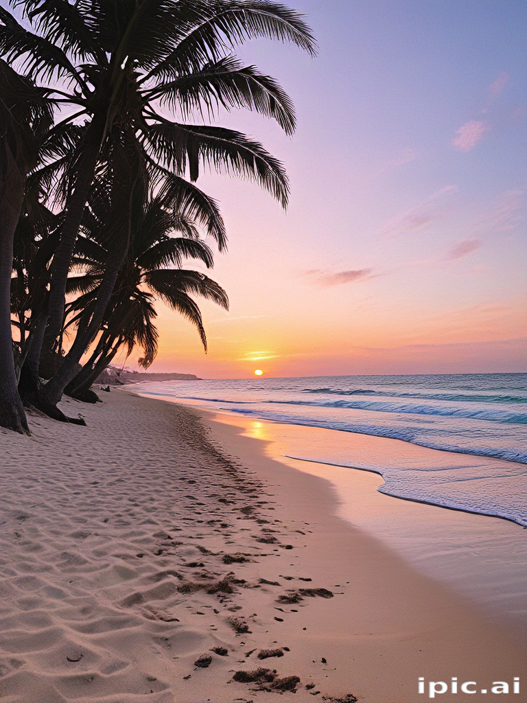 Serene Sunset Over a Tranquil Beach with Palm Trees Silhouetted