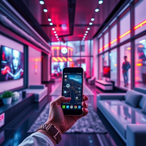 Generate an image of a modern smart home with a person holding a smartphone, use a wide-angle lens, aperture f/8 for sharpness, ISO 100 for clarity, and ensure a vibrant color palette to enhance the futuristic technology theme.